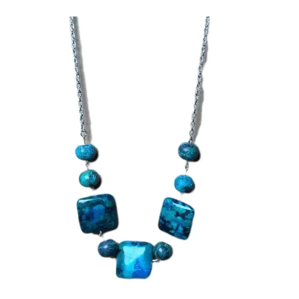Chrysocolla necklace square and round beats handmade one of a kind gemstone
